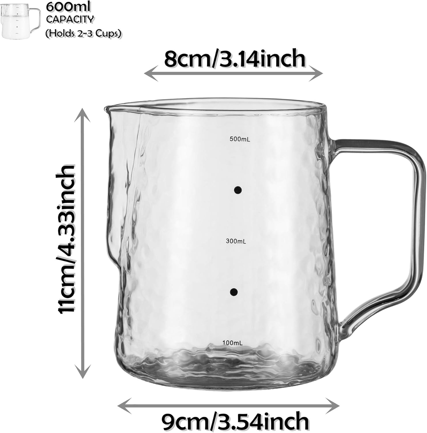 High Borosilicate Glass Milk Frothing Pitcher with Measurement, 20Oz/600Ml Hammer Heat Resistant Glass Milk Coffee Cappuccino Latte Art Steaming Pitcher Barista Milk Jug Cup, Stovetop & Microwave Safe image number 6