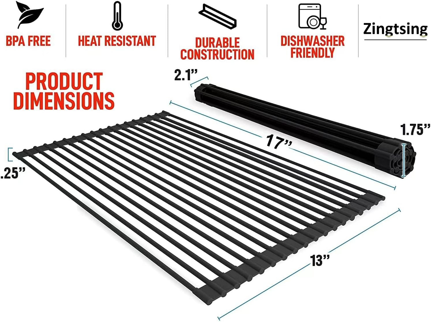 Silicone Dish Drying Racks, Non-Slip Roll up Dish Drying Drainers for Kitchen Sink Counter (43Cm X 33Cm, Black)