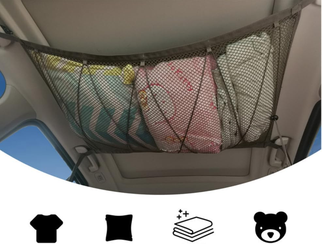 90X65Cm Mesh Car Ceiling Cargo Net Double-Layer Car Organizer Pocket Adjustable Mesh Storage Bag Long Road Trip SUV Car Ceiling Storage Net Camping Cargo Net for Tent Putting Quilt Towel Sundries (KA) image number 3