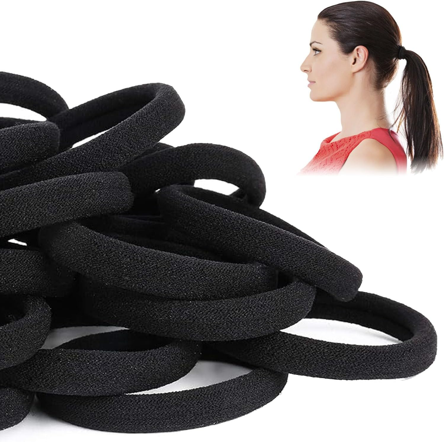 100 Pcs Seamless Hair Ties for Women & Girls, Soft Stretchy Elastic Hair Bands for Thick & Curly Hair, Ponytail Holders & Hair Bobbles for Daily Use (Black, 1.5 Inch) image number 4