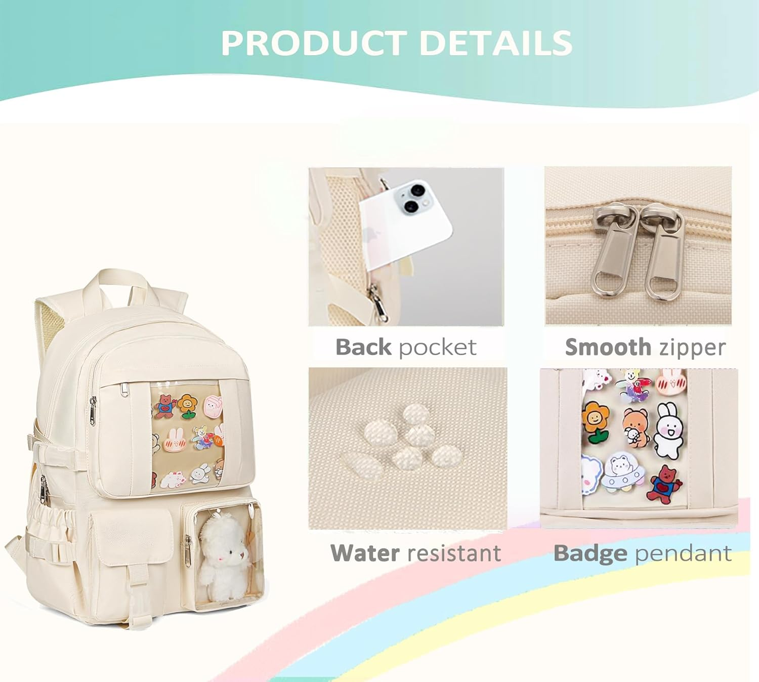 PRLINJSK Kawaii Backpack for Teen Girls, Cute Aesthetic High Middle School College Bookbag with Accessories - Black White image number 7