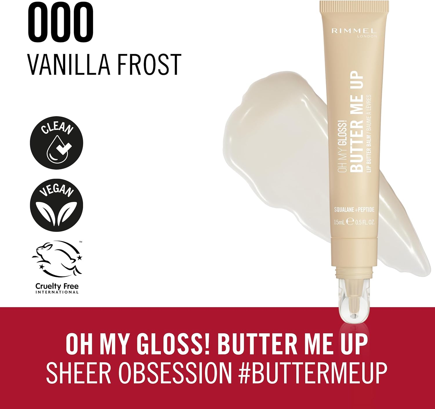 Rimmel London Oh My Gloss Butter Me up Lip Butter Balm 001 Vanilla Frost, Hydrating Lip Balm, Tinted Lip Balm, Lip Care, Hydration, Nourishing, Squalene, 15Ml (0.53Oz) image number 6