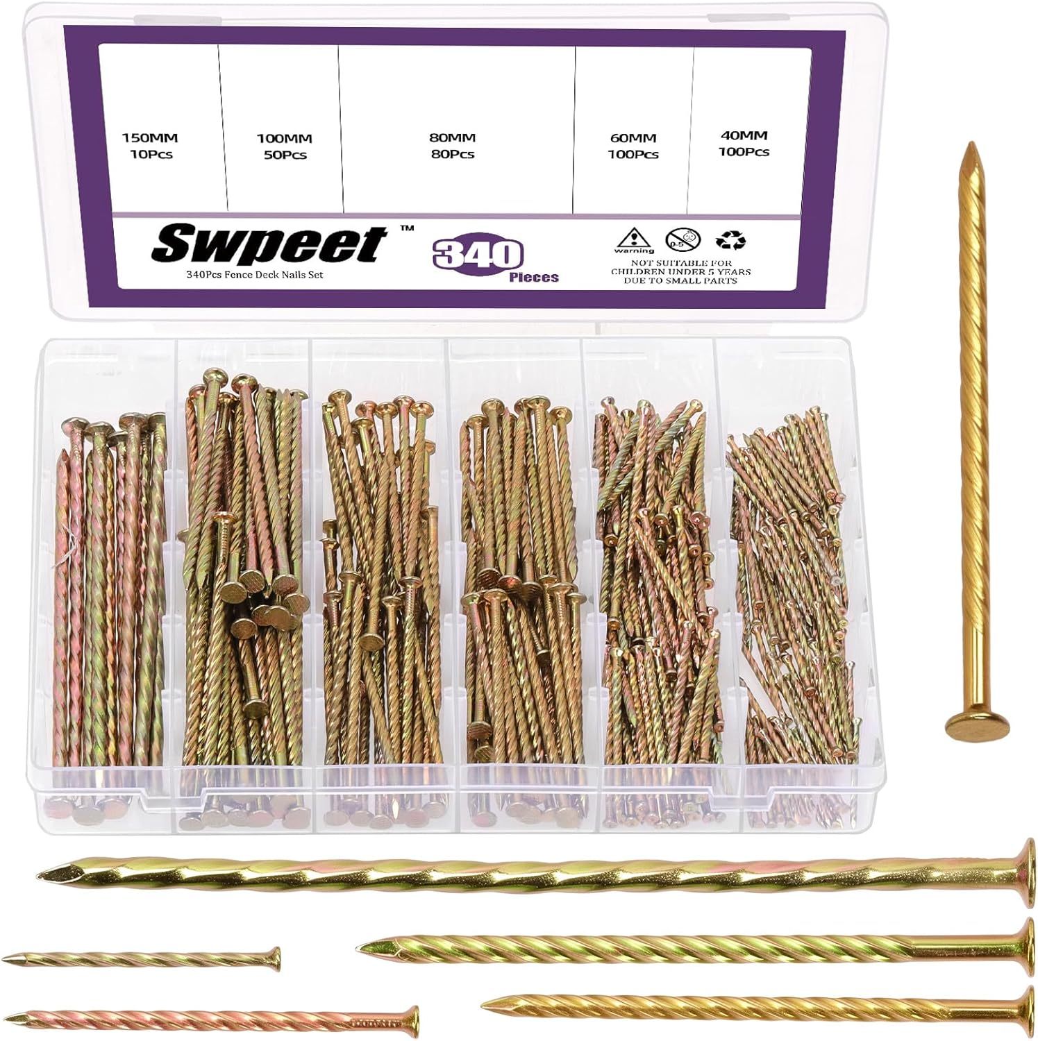 Swpeet 340Pcs 5 Sizes 40/60/80/100/150Mm Carbon Steel Colored Zinc Plated Fence Deck Nails Assortment Kit, Spiral Shank Spikes Spiral Deck Nail for House Floor Repairing Wall Woodworking image number 2