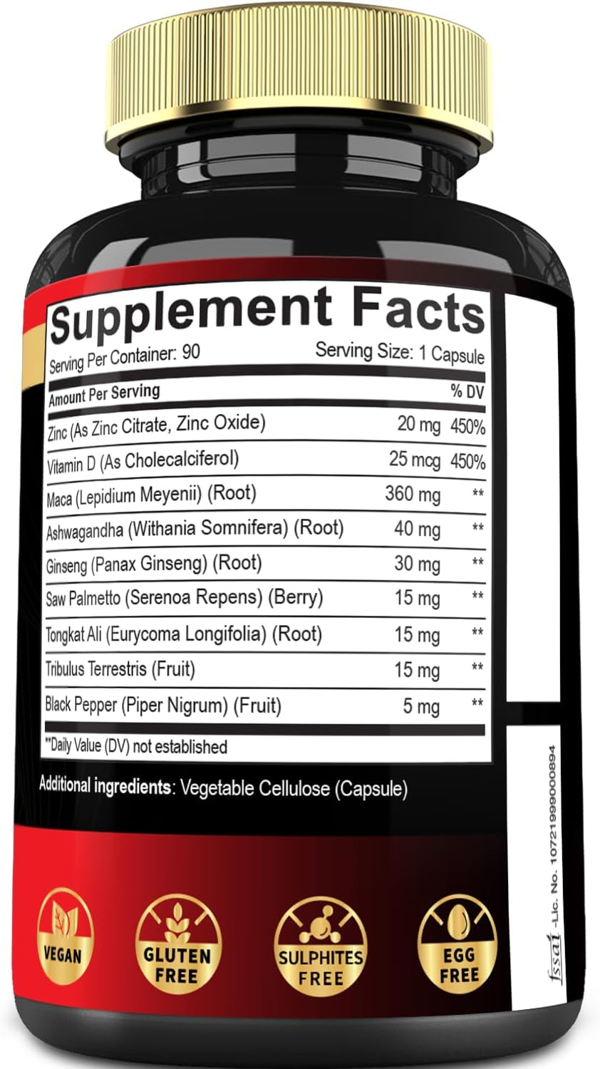 9In1 Maca Root Capsules Equivalent 8500Mg Blended with Zn, Vitamind, Ashwagandha, Ginseng, Saw Palmetto, Tongkat Ali & More - Test Levels, Endurance, Energy Support - 90 Count 3 Months image number 2