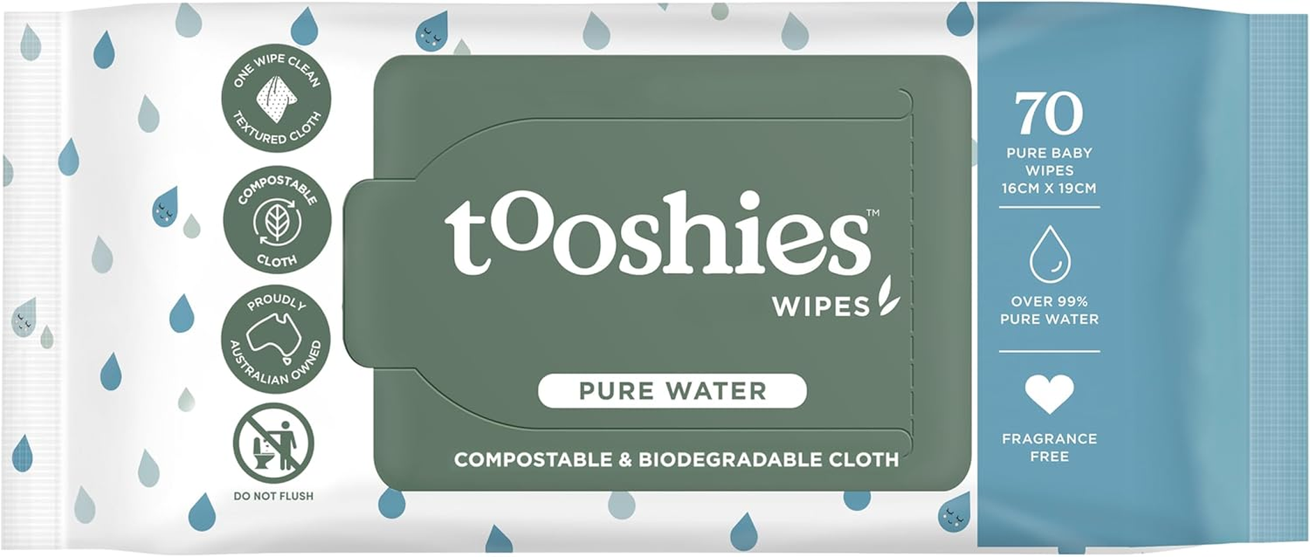 Tooshies Wipes | Pure Water Wipes | 100% Plastic Free | Biodegradable | Fragrance Free | 4 X 70Pk (280 Wipes)