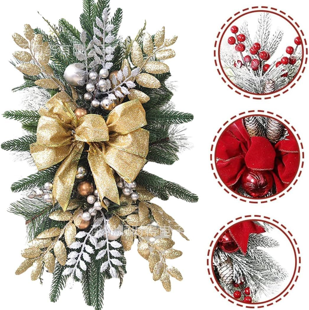 Cordless Pre-Lighting Stair Decoration, Christmas LED Wreath for Indoor Outdoor Home Christmas Front Door Holiday Wall Window Ornament (Gold) image number 3