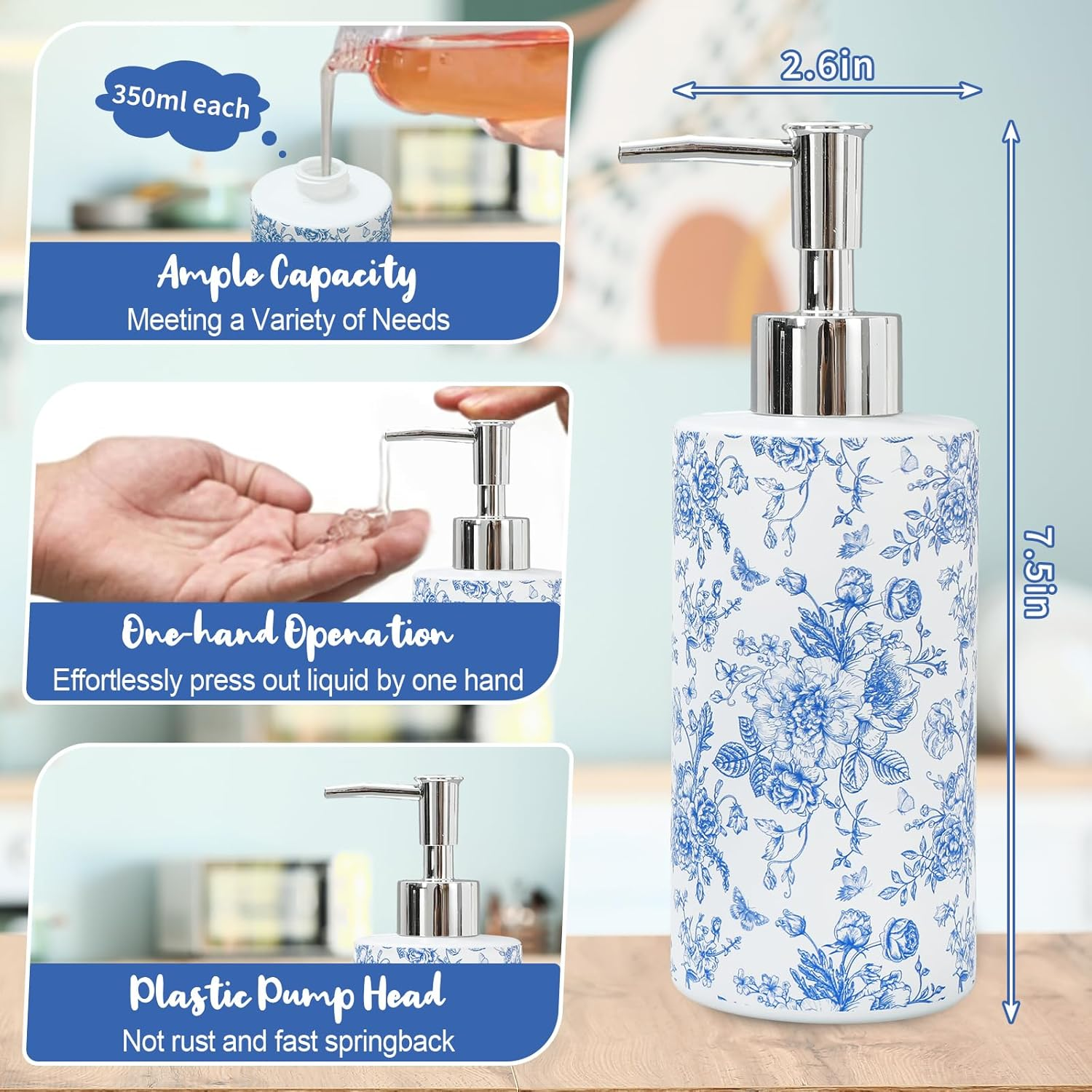 Jarthenaamcs Blue Floral Soap Dispenser Vintage Flower Butterfly Glass Dispenser with Pump Refillable Chinoiserie Liquid Soap Container for Farmhouse Home Kitchen Bathroom Countertop image number 4