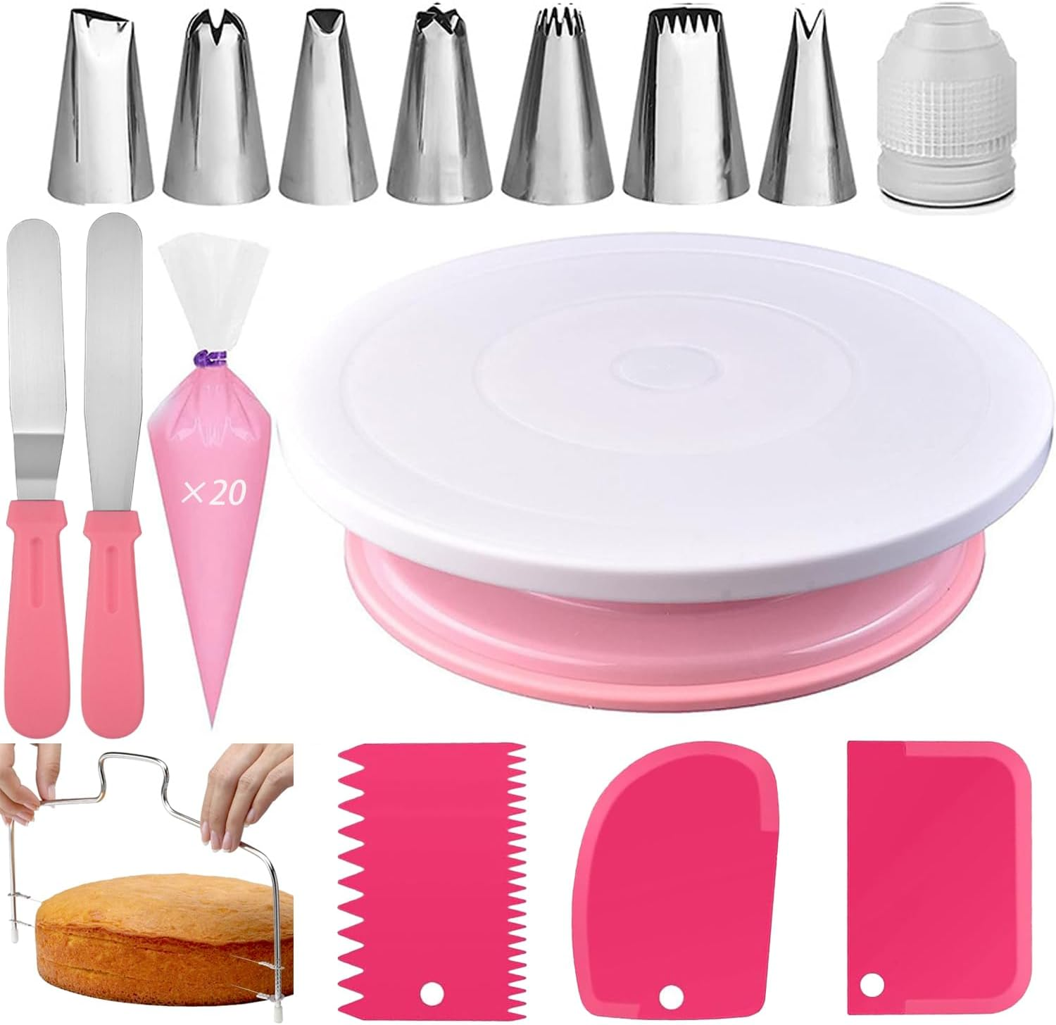 Cake Decorating Kit, 35PCS Cake Decorating Supplies, 11-Inch Rotating Cake Turntable, 7 Piping Tips, 2 Icing Spatulas & 3 Scrapers (Pink)