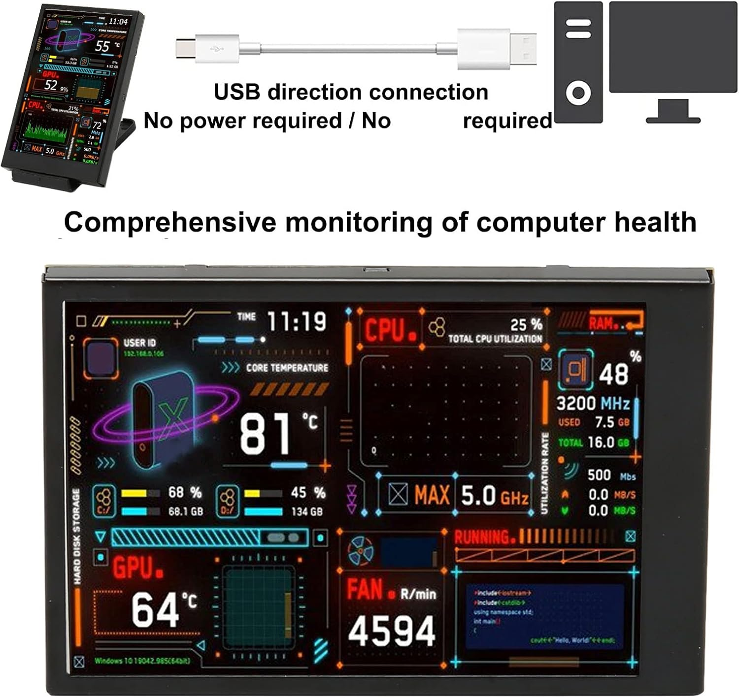 Computer Temperature Monitor, 3.5 Inch Display, Data Display, USB C Interface, Customizable Layout, Brightness Adjustment, Black, for System image number 4