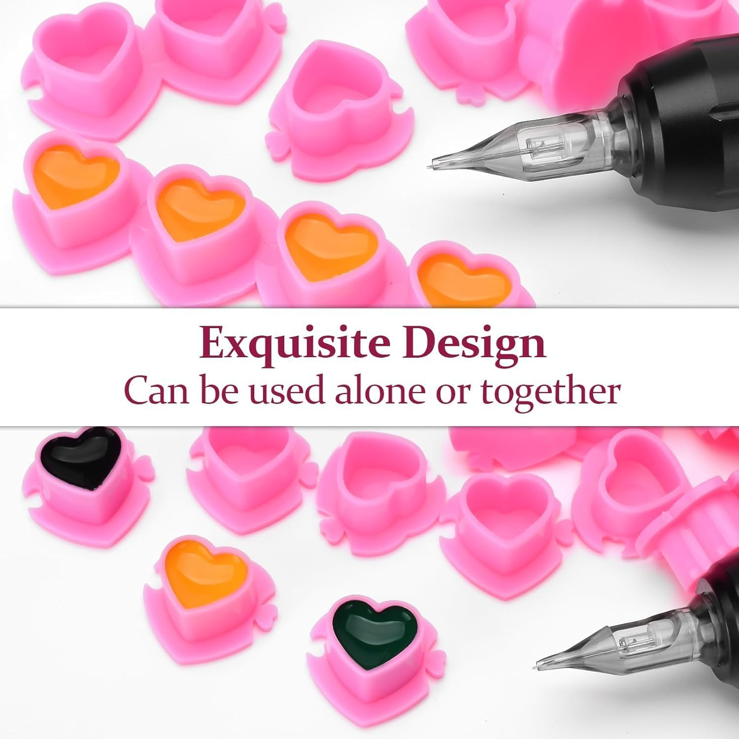 Heart-Shaped Tattoo Ink Cups with Base Pink, 200Pcs Pink Heart Design Silicone Ink Cups, Silicone Tattoo Ink Holders image number 3