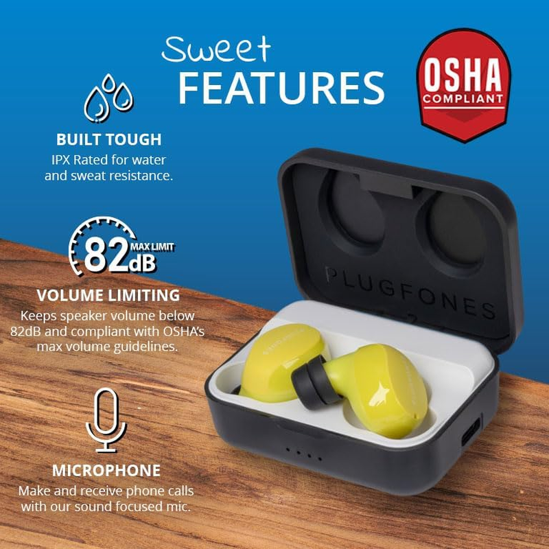 Plugfones Sovereign VL - Wireless Earplug-Earbuds with Volume-Limiting - 26 Db NRR and OSHA Compliant Earphones - Bluetooth Hearing Protection, Safety Earbuds & Sound Focused Mic - Yellow image number 3