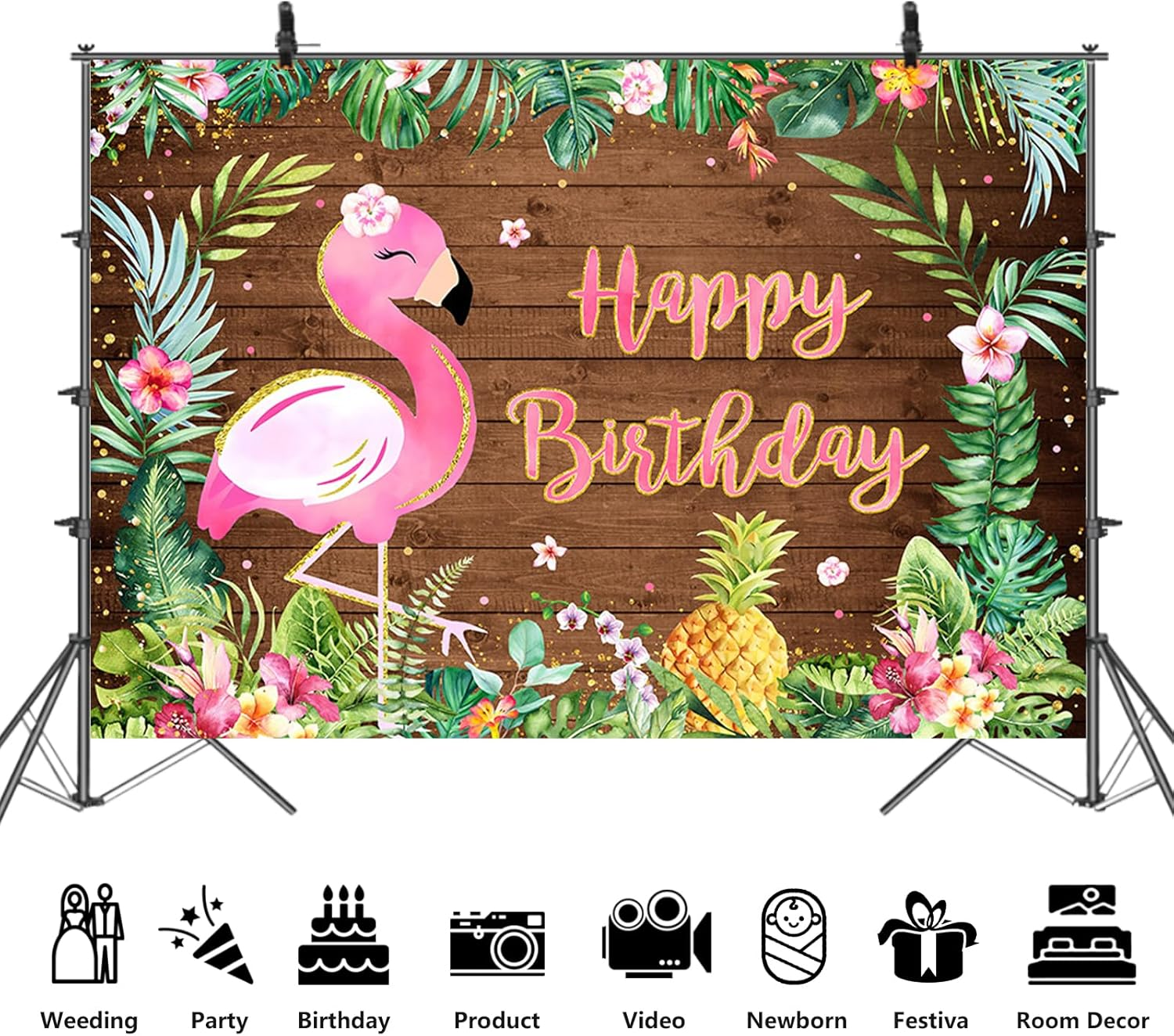 APROPHIC Flamingo Birthday Party Background 2.1 X 1.5 Cm Tropical Fruits, Palm Leaf Background, Happy Birthday Flamingo Decoration, Photo Booth Props, Cake Table Accessories image number 1