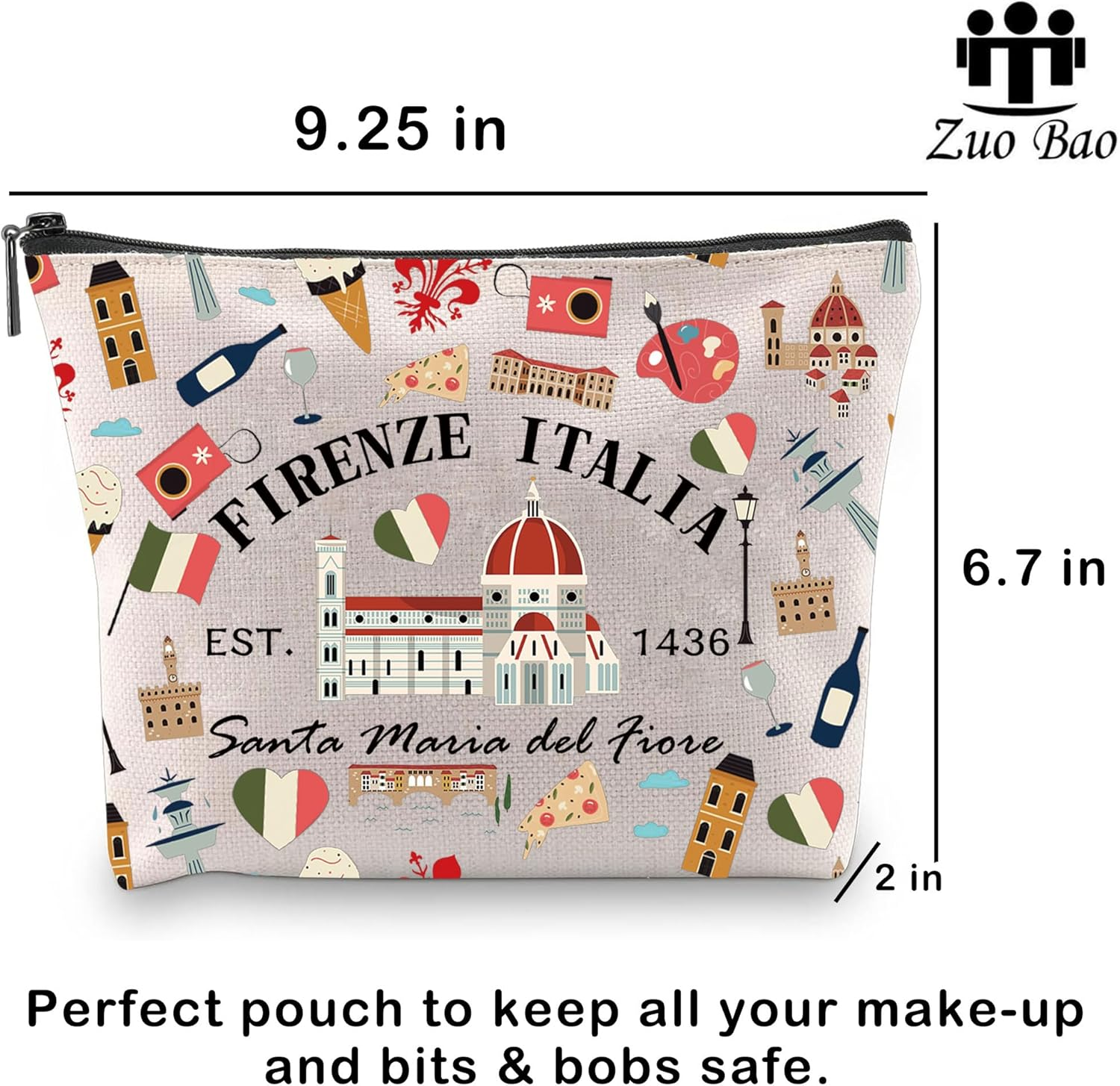 Zuo Bao Firenze Italia Florence Italy Makeup Bag Italian European Vacation Roma Italia Gift Florence Dome Fleur De Lis Cosmetic Bag, FIRENZE image number 2