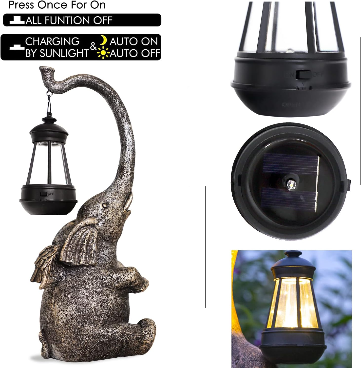 FOMAILE Elephant Garden Statue, Large Garden Statue with LED Lights, Solar Garden Outdoor Statue, Funny Outdoor Decor for Garden,Patio, Yard and Lawn, (EL-020-1) image number 5