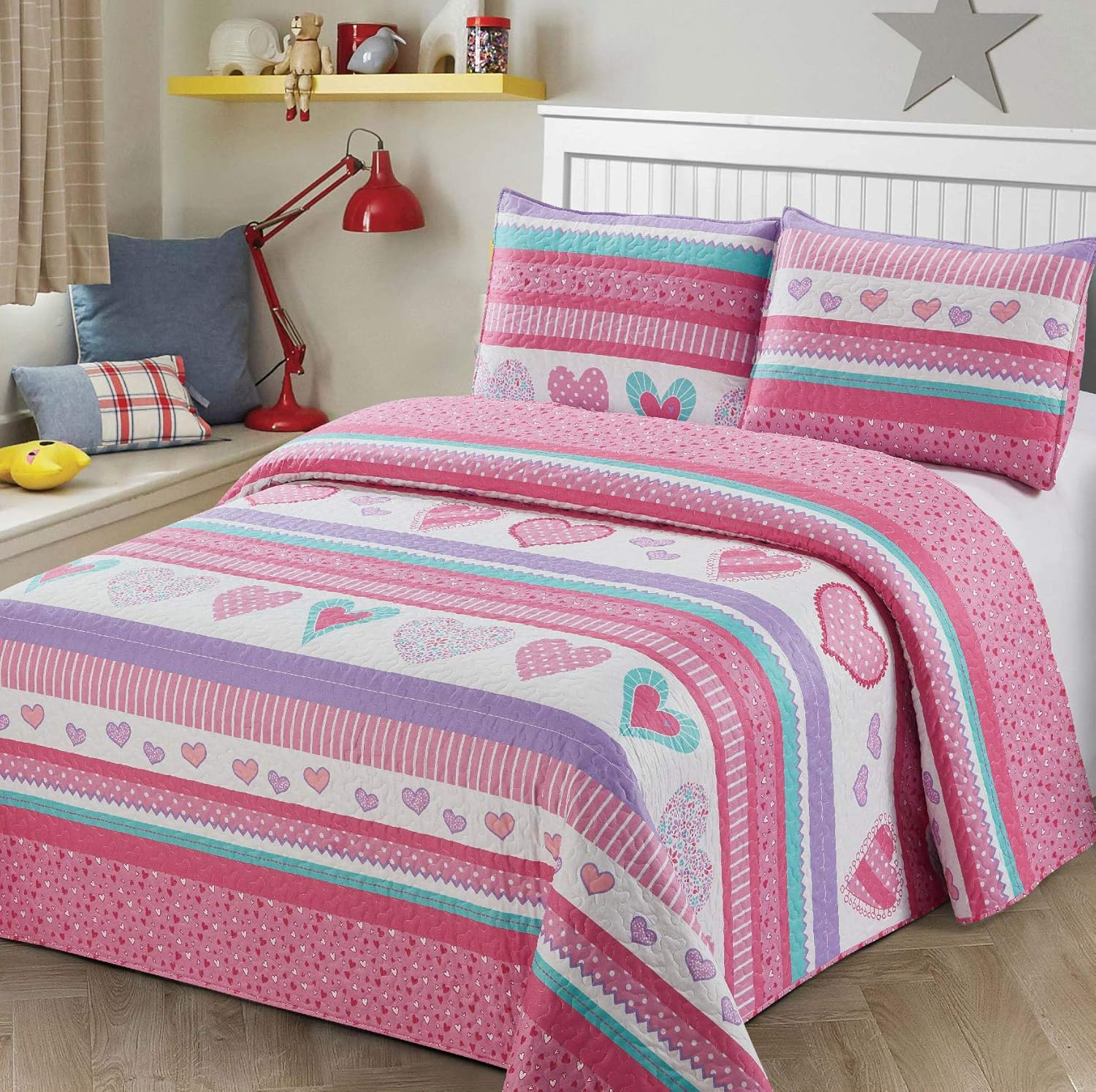 2Pc Twin Size Quilt Bedspread Kids/Teens Hearts Pink Purple/Lavander White Girls Multicolor Bedding New image number 2
