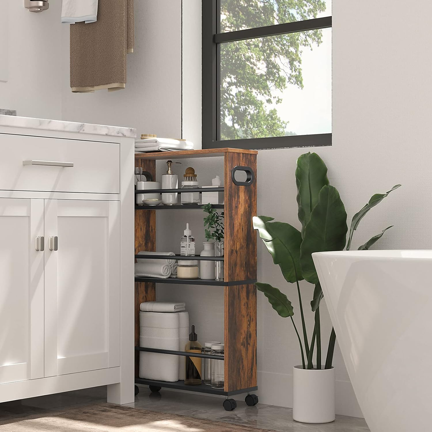 HOOBRO 4-Tier Slim Rolling Cart with Lockable Wheels - Multipurpose Storage and Craft Organizer Cart for Bathroom, Laundry, Kitchen - Book, Art, Makeup, Rustic Brown BF15TC01 image number 3