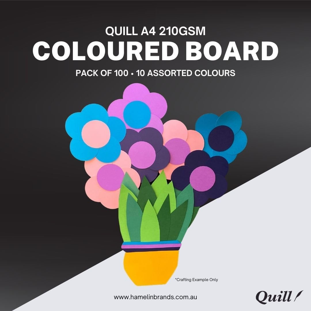 Quill A4 Coloured Board, 210Gsm, 100 Sheets, Assorted 10 Colours, Ideal for School Art and Craft Projects