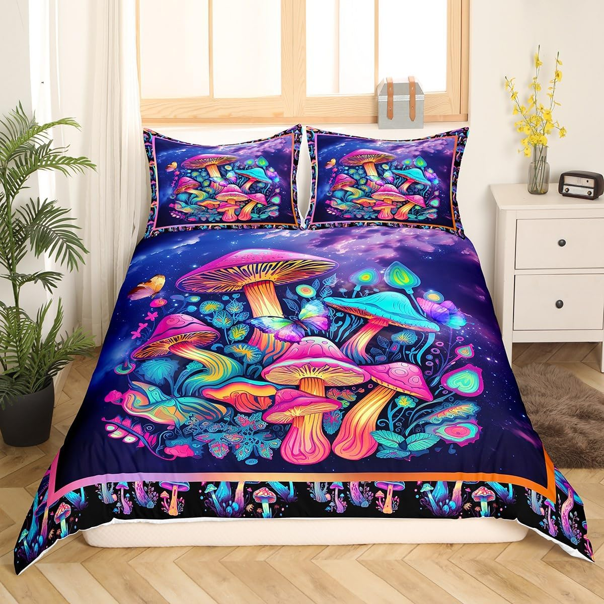 Homewish Neon Mushroom 220 X 240 Cm Duvet Cover Plant Mushroom Trippy Bedding Set for Girls Boys Children, Pink Teal Purple Gradient Galaxy Psychedelic Comforter Cover, Colourful Butterfly Bed Set image number 5
