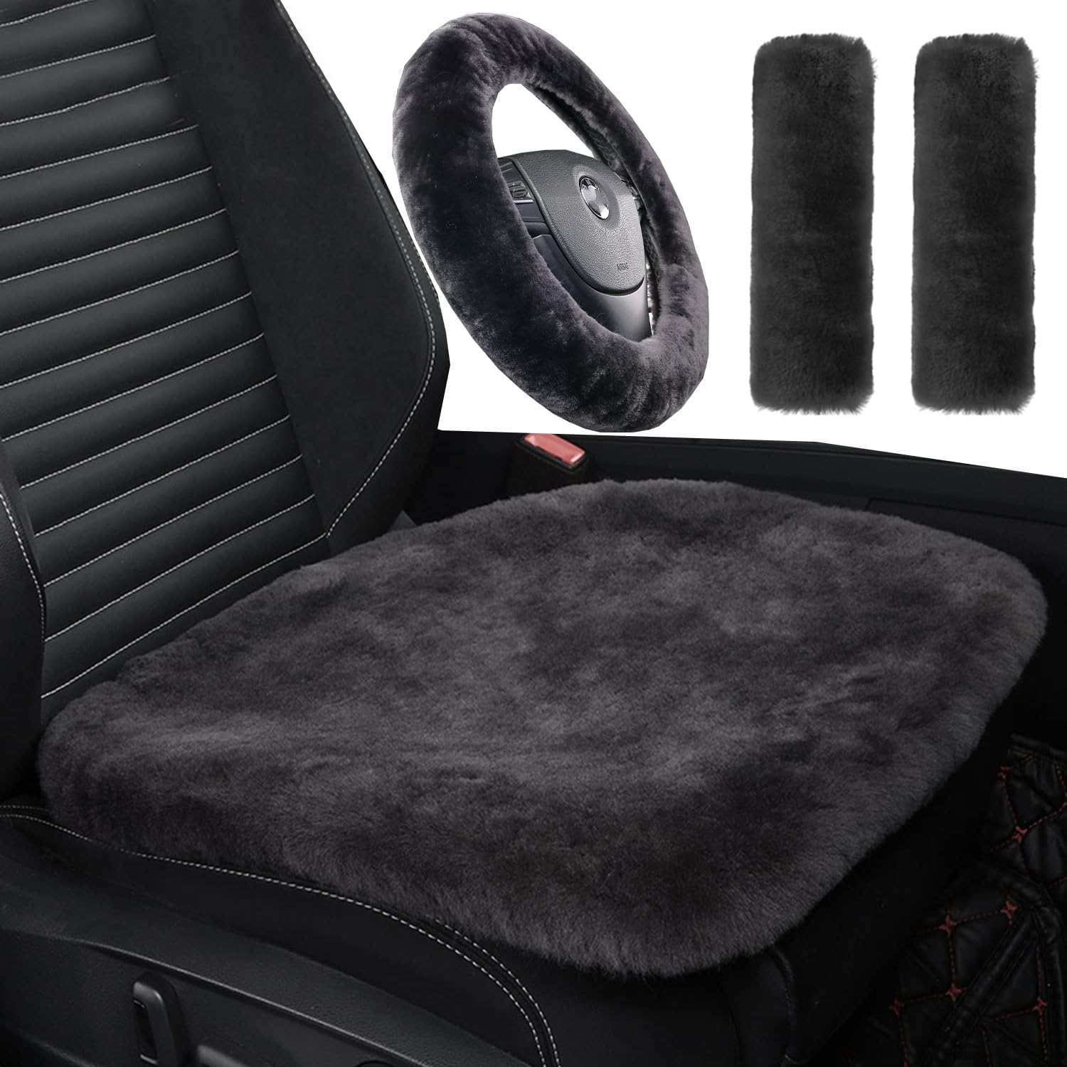 MLOVESIE Genuine Sheepskin Car Seat Cushion Natural Fur Wool Seat Cover for Cars Trucks SUV Soft Comfort Office Chair Protector Pad Car Accessories Universal Fit