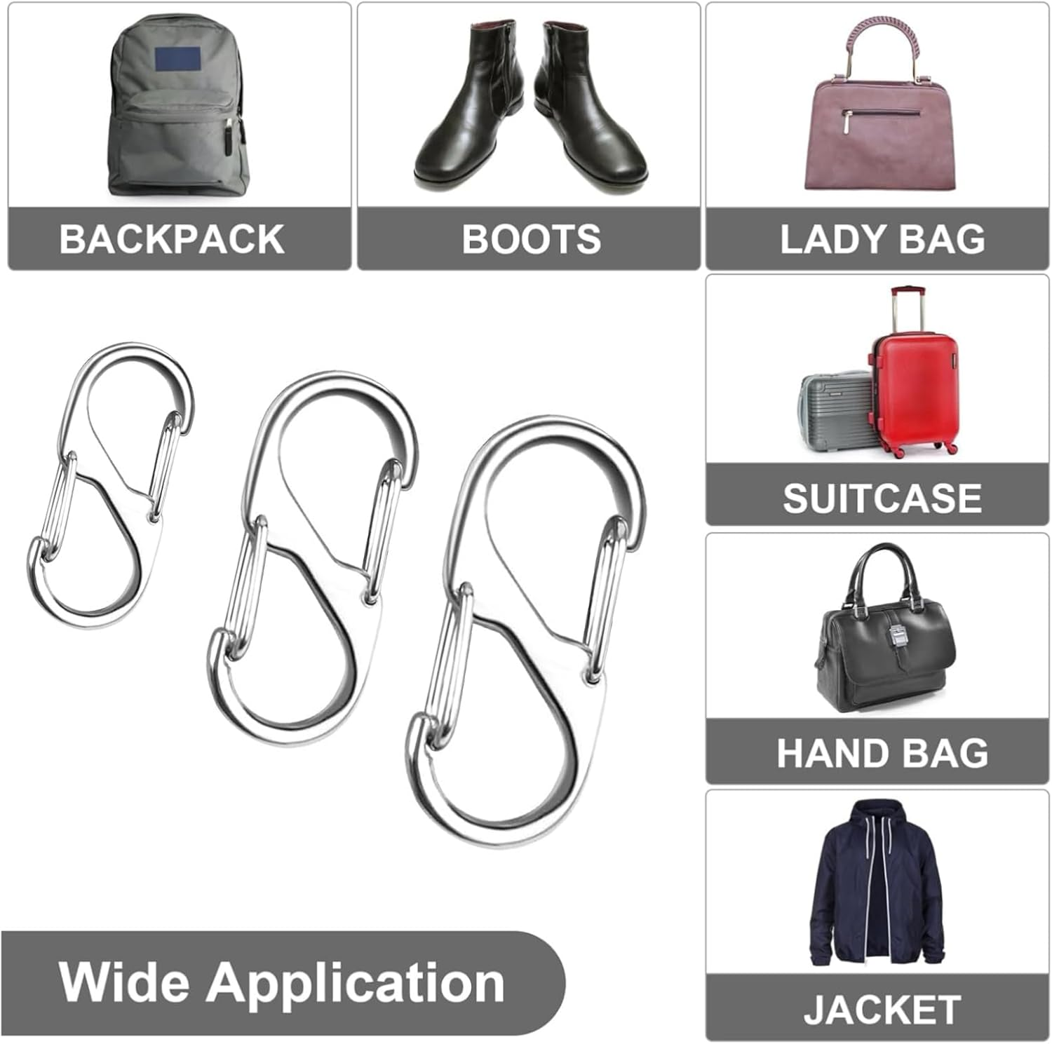 30Pcs Zipper Locks, Dual S Shaped Carabiner Clips, 3 Size Zipper Pull Replacement, Backpack Zipper Pulls Keep Zippers Closed, for Luggage Suitcase, Quick Clip Theft Deterrent (Silvery)