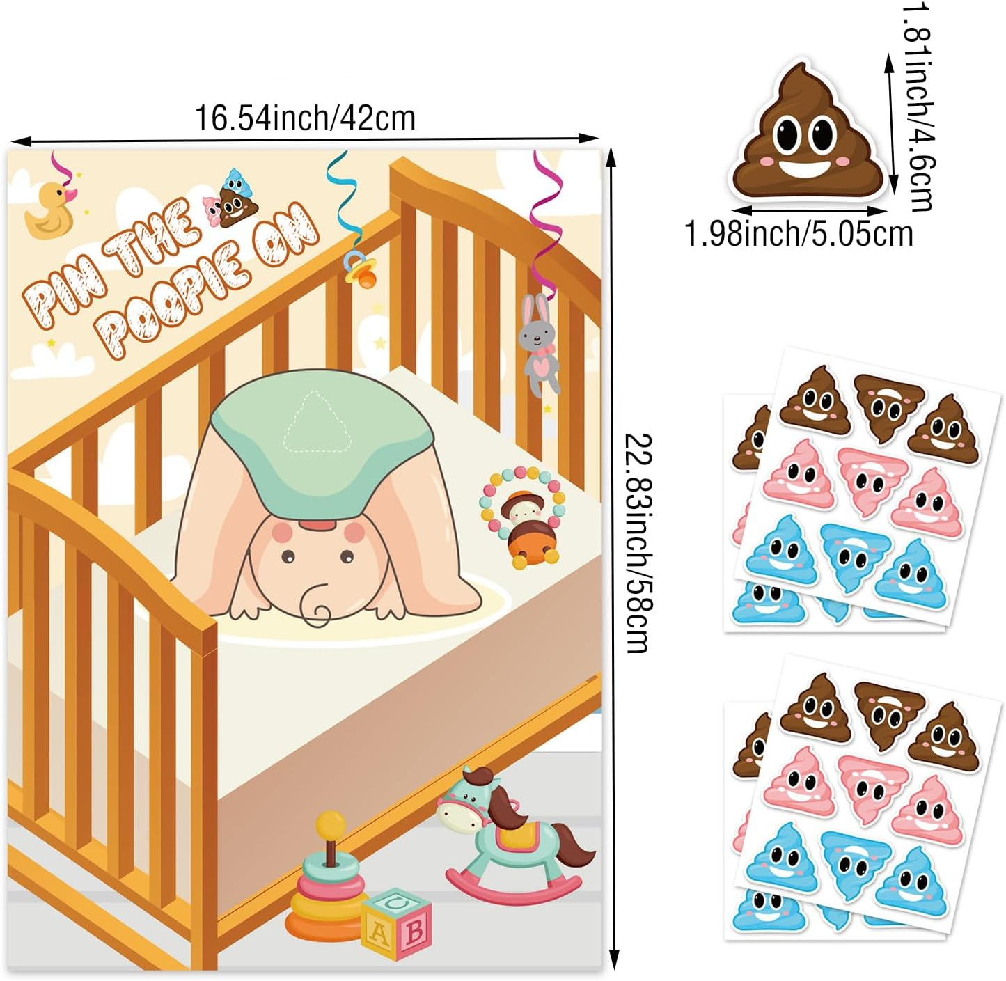 Baby Party Game Set - Fun Gender Reveal Decorations Party Supplies, Pin the Pacifier on Baby, Pin the Poop on Diaper, Cute Baby Room Theme and Eye Mask Game, Baptism/Poop Activity (2 Pieces) image number 4