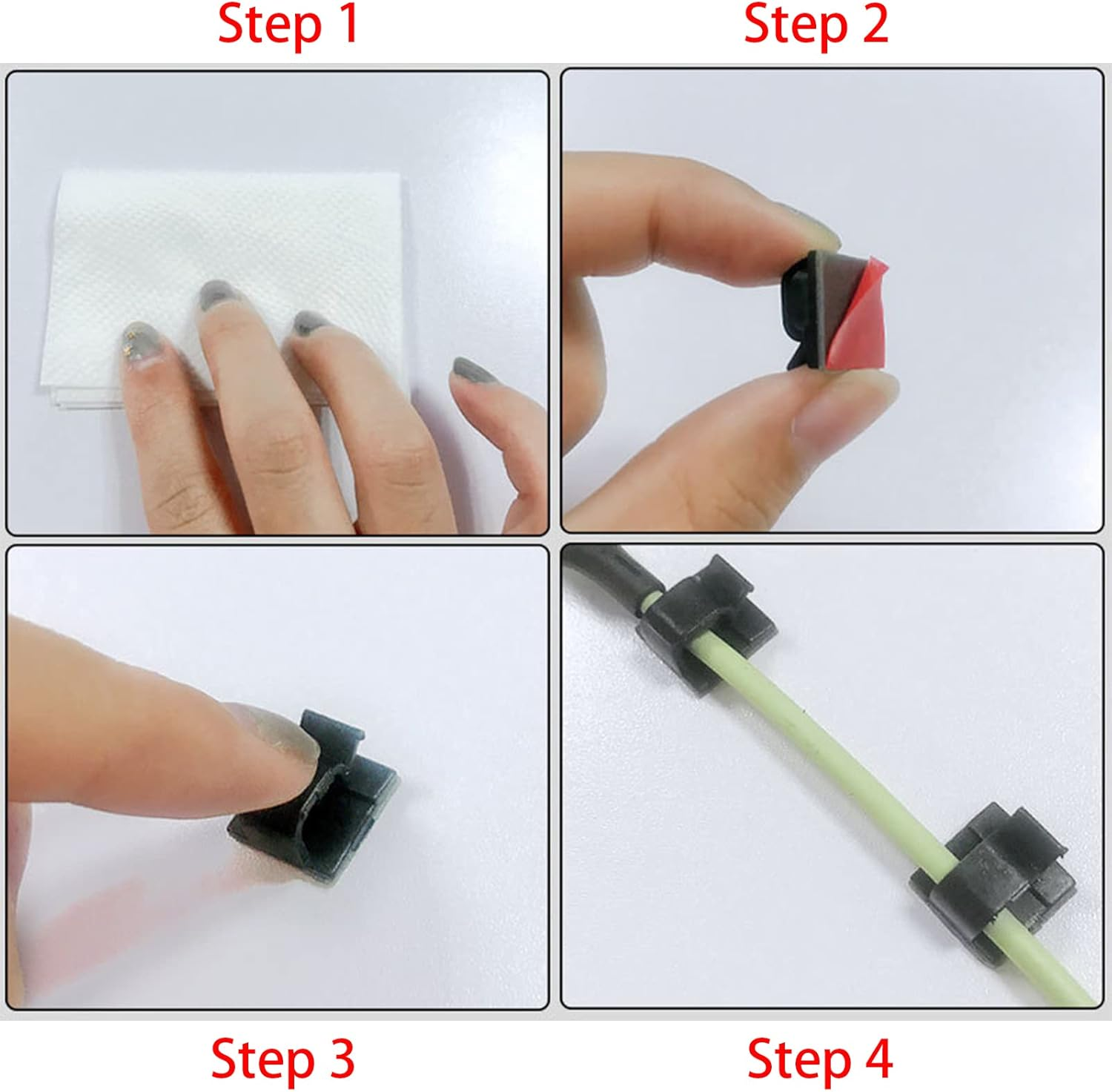 100 Pcs Adhesive Cable Clips, Cable Management for Walls, under Tables, Christmas Lights, Cars, Dash Cams, Ethernet, Electronics(Black) - Transparent image number 5