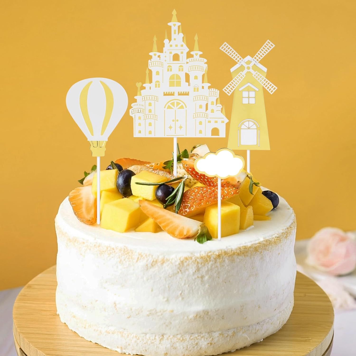 Hannafires 8PCS Castle Cake Topper Set &ndash; Princess & Prince Birthday Party Decorations with Castle, Balloons, Clouds, Picks & Banners for Kids' Fairy Tale Theme Cakes image number 5