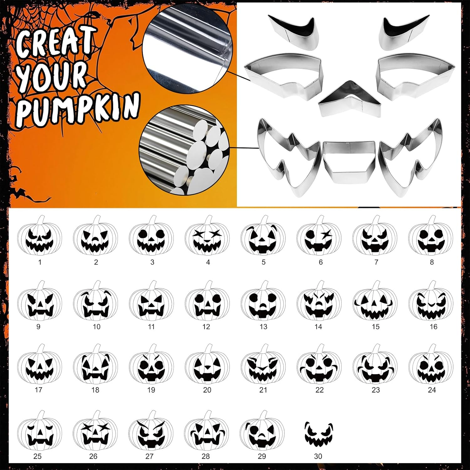 Ninonly 26PCS Halloween Pumpkin Carving Kit, Halloween Pumpkin Carving Set with 24 PCS Stainless Steel Pumpkin Carving Knife Stencils & 2 Carving Tools, Carving Tools Kit for Halloween Decoration image number 4