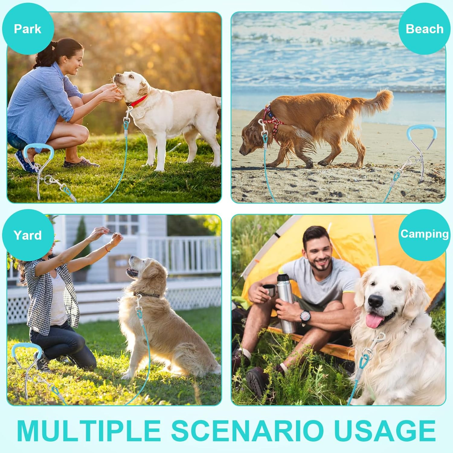 10Ft Dog Tie Out Cable with 15" Spiral Ground Stake Spike for Small to Medium Dogs up to 60 Lbs, Pet Tie Out Cable for Playing, Camping，Outdoor, Yard and Backyard in Ground (3 Meter, Lake Blue)