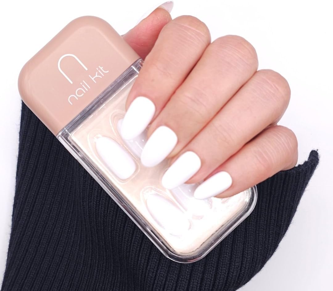 NKA PRESS on NAIL KIT -FALSE ACRYLIC FAKE PRESS on NAILS -PREMIUM 28PC REUSABLE MEDIUM OVAL WHITE -FROST