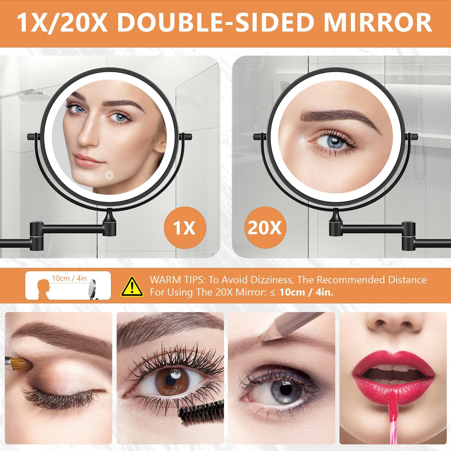 Auxmir 8'' Wall Mounted Lighted Makeup Mirror, 3200Mah Rechargeable Double-Sided 1X/20X Magnifying Mirror with Light, Touch Dimmable 3 Color Light, 360&deg; Rotation Foldable Extended Arm, Black