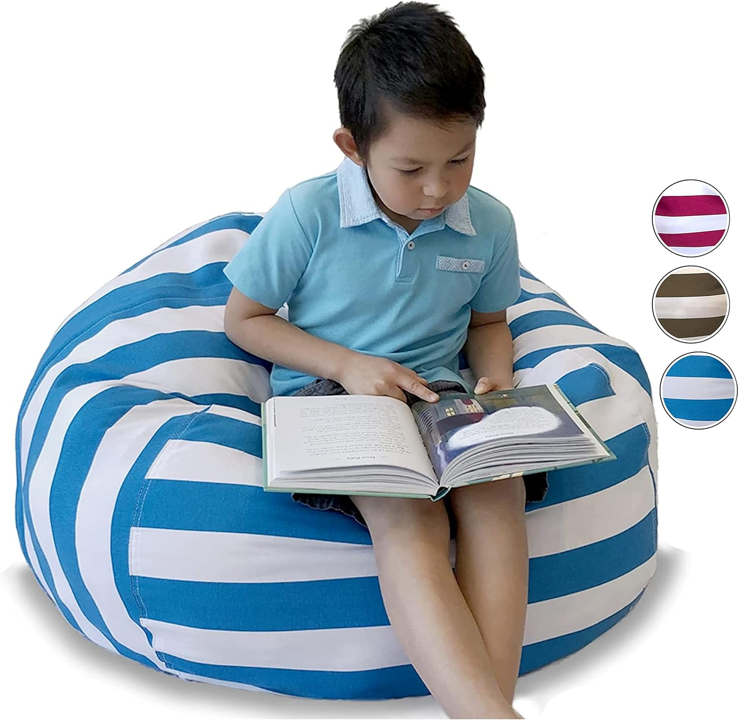 Kids Bean Bag Cover, Soft Toy Storage, Stuffed Animal Storage, Extra Large Bean Bag Chair - Fill W/ 200L to 300L Bean Bag Filling, Stuffed Toy Storage Organiser (Round Blue & White)