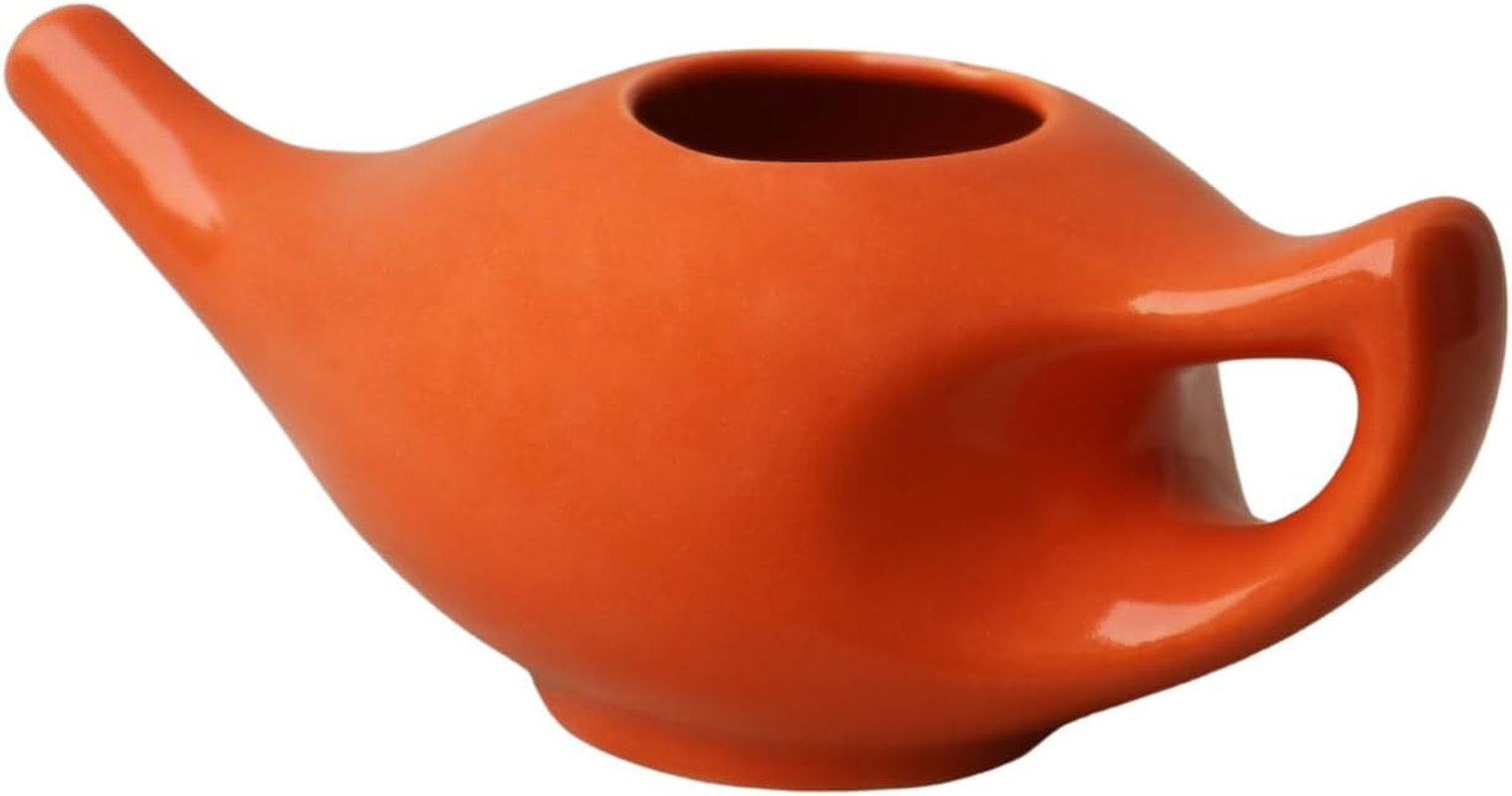 Healthgoodsin - Porcelain Ceramic Neti Pot for Nasal Cleansing Orange | Natural Treatment for Sinus, Infection and Congestion | Neti Pot with 10 Sachets of Neti Salt + Instructions Leaflet image number 1