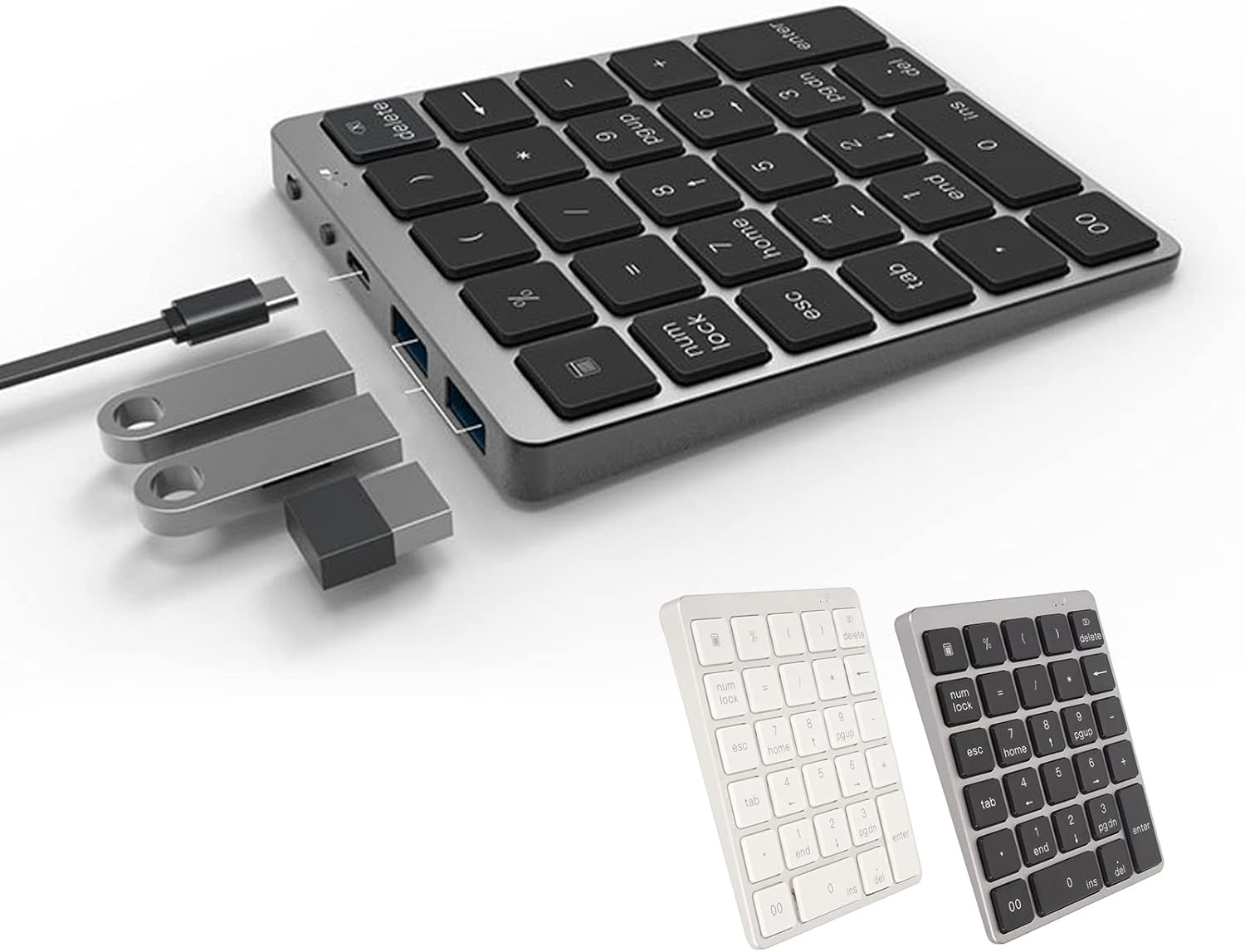 Portable 28-Key USB Numeric Keypad with Rechargeable Bluetooth​​, Thin Aluminium Number Pad for Laptop PC, Dark Grey - Dark Gray image number 4