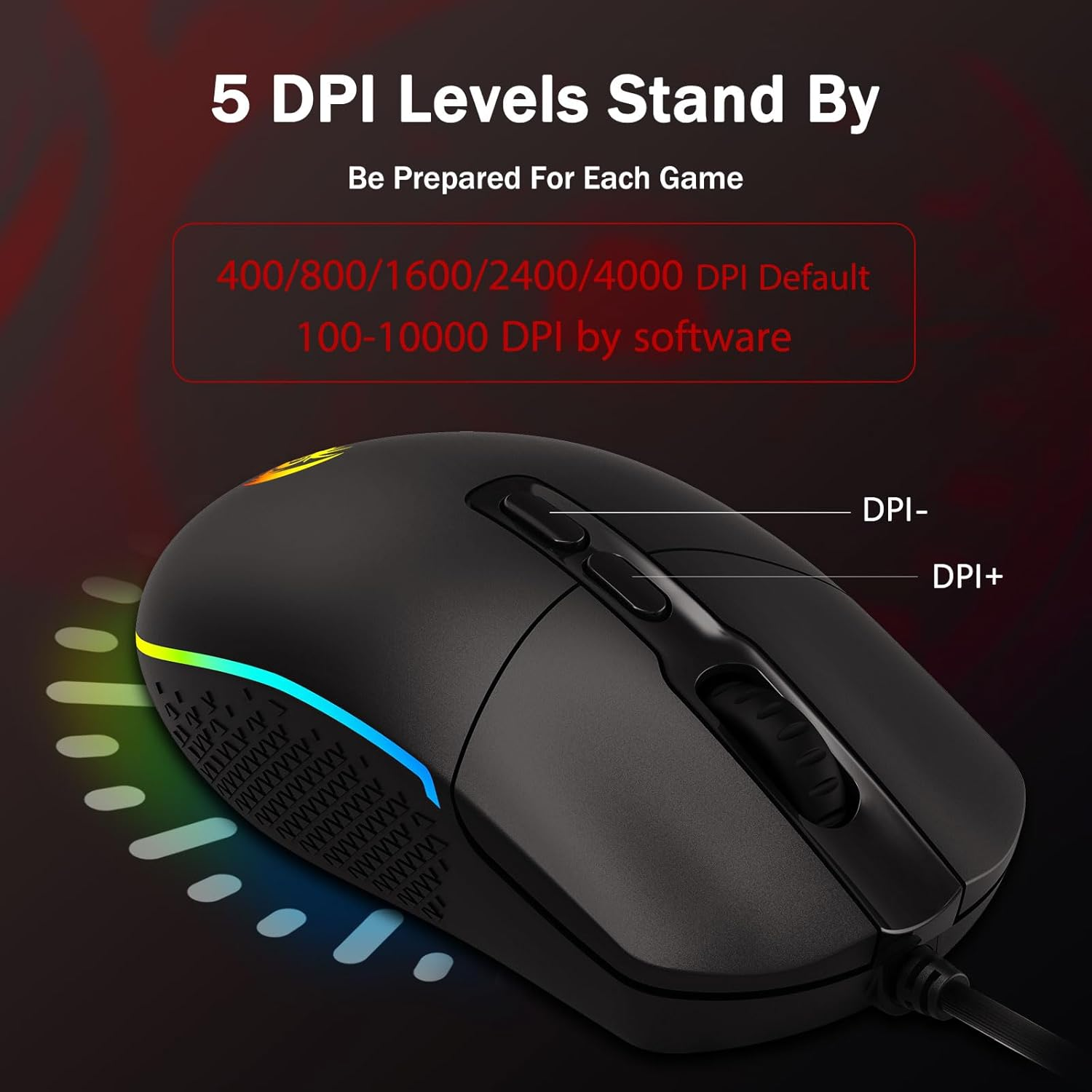 Redragon M719 Antonium RGB Gaming Mouse, 10,000 DPI Optical Wired Mice with 8 Programmable Buttons & 8 Backlit Modes, Software Supports DIY Keybinds Rapid Fire Button image number 5