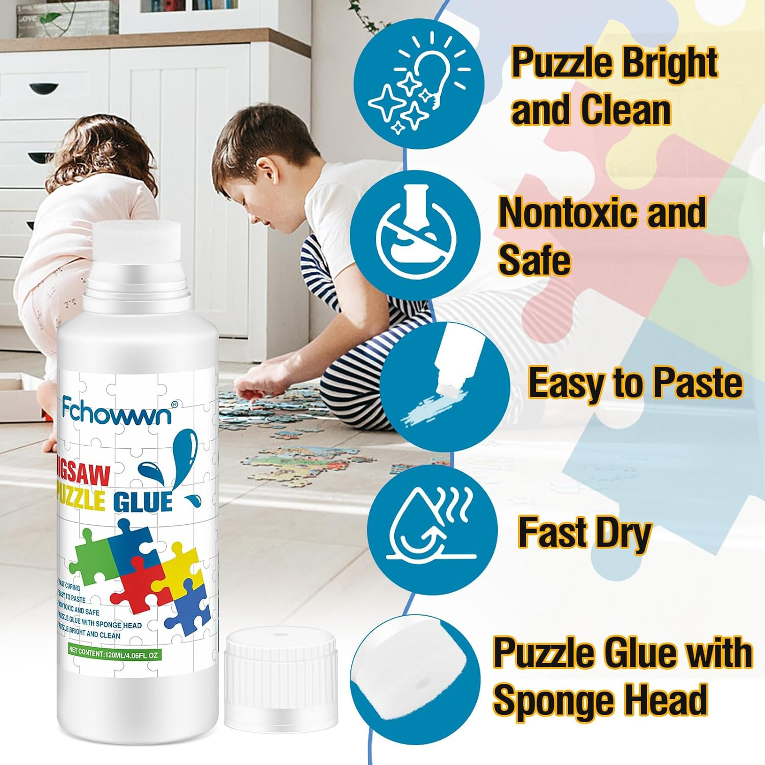 120Ml X 2 Jigsaw Puzzle Glue Clear,Updated Jigsaw Puzzle Glue with New Sponge Head,Non Toxic and Fast Drying,Easy to Use Adhesive for Preserving Puzzle Art Enrich Your Puzzle Experience image number 1