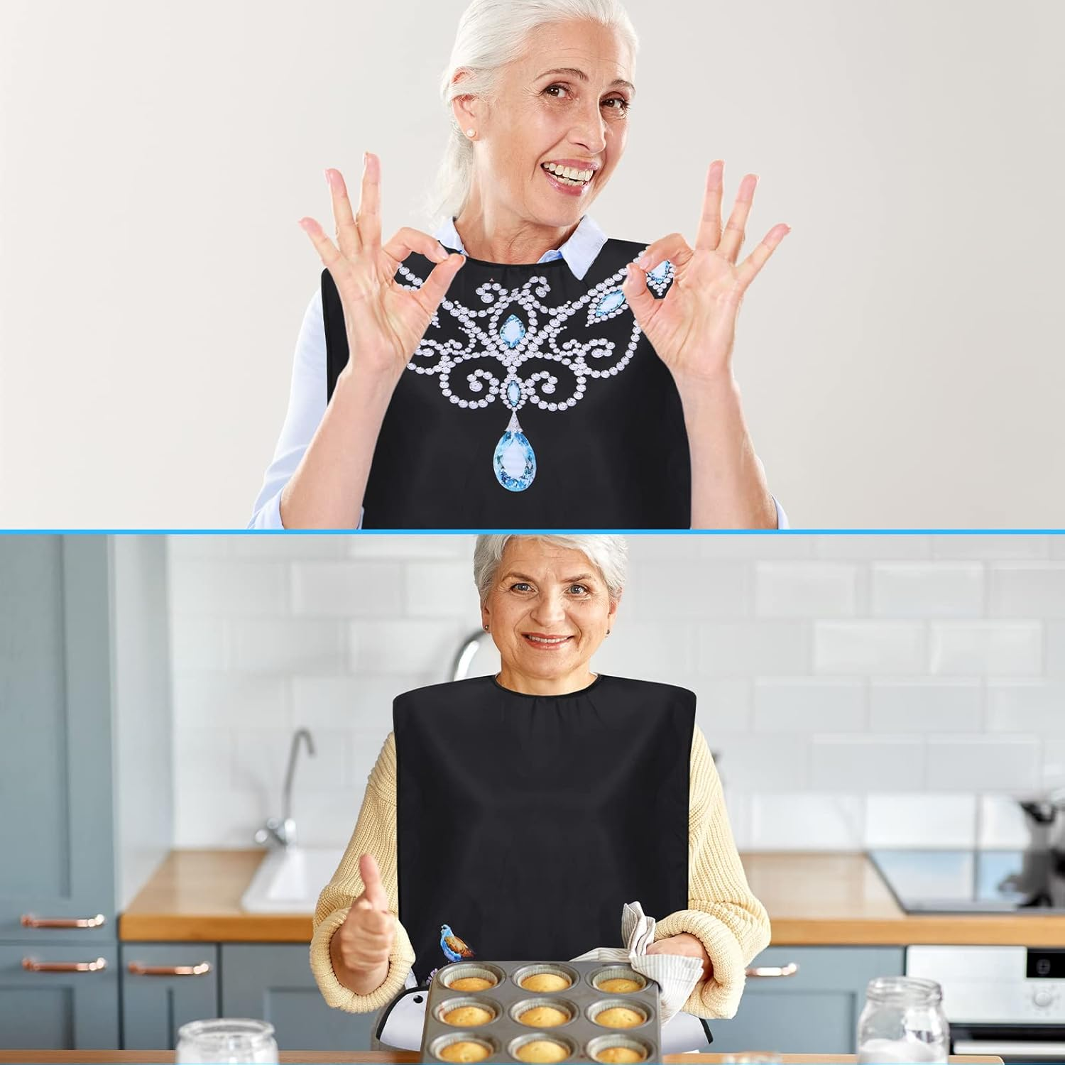 Janmercy 6 Pcs Adult Bibs for Women Washable Waterproof Bibs for Adults Clothing Protectors for Eating with Crumb Catcher Reusable Senior Elderly