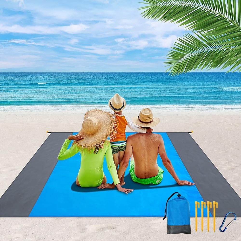 JZS Sand Free Beach Blanket, Oversized Lightweight Waterproof Large Picnic Mat with Storage for Travel Camping Hiking Picnic with 4 Corner Pockets(Blue) image number 3