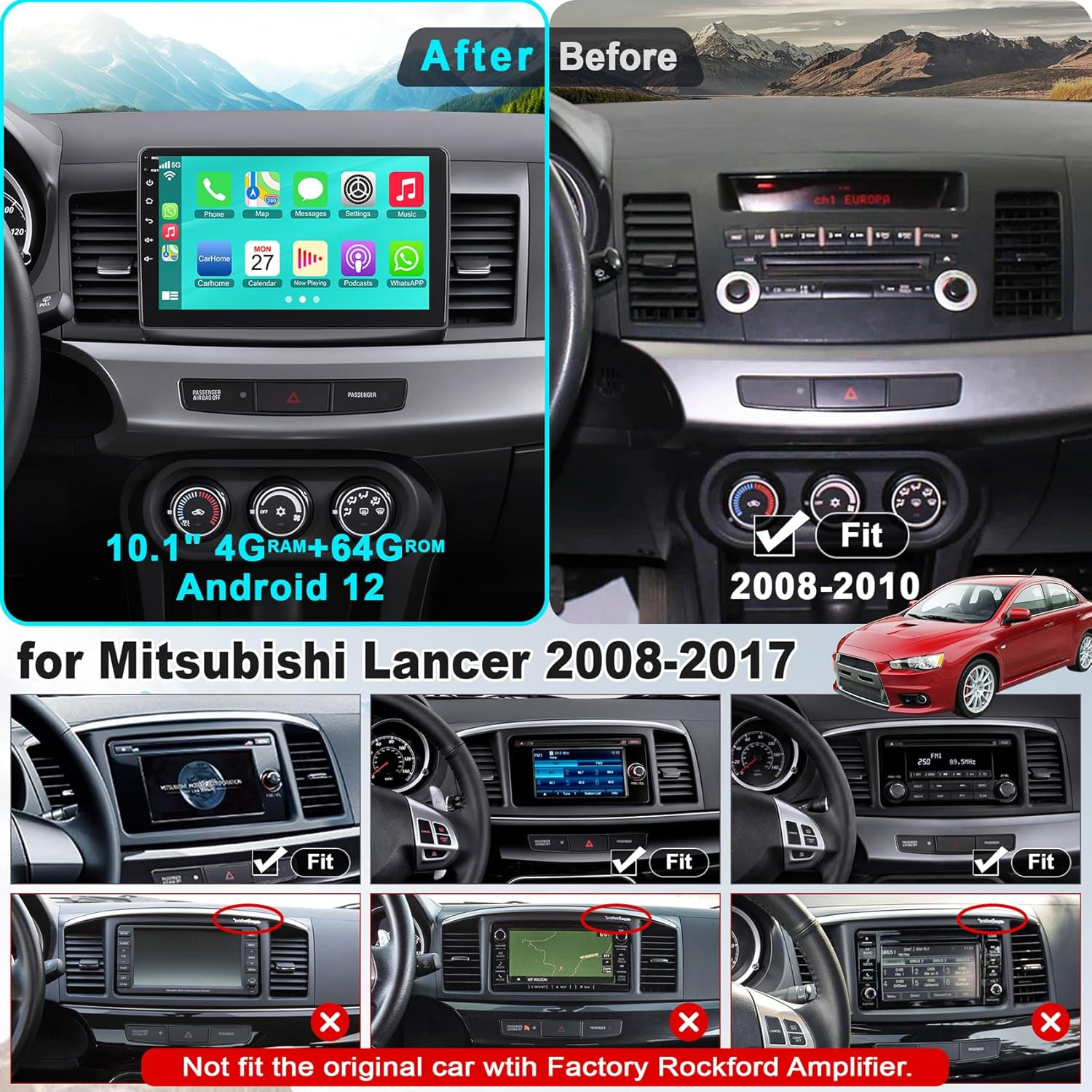 【4G RAM 64G ROM】 Car Radio for Mitsubishi Lancer 2008-2017, Android 10.1 Inch 5G Wifi Lancer Stereo with Wireless Carplay/Android Auto, Support Gps/Bluetooth5.2/1080P HD Backup Camera/Swc/Fm Radio image number 4