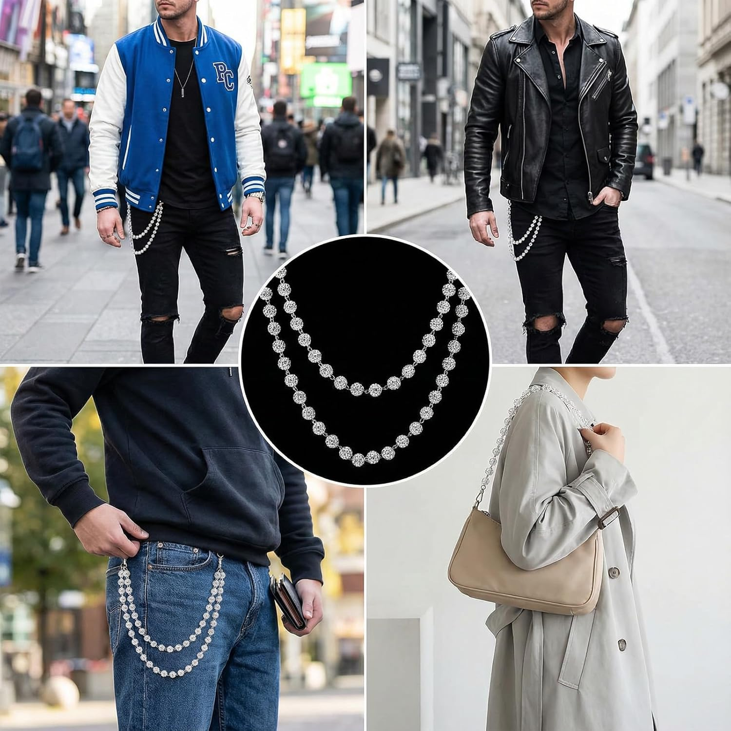 Ceramic Bead Wallet Chain, Sparkly Pants Chain for Men Women, Bohemian Streetwear Pant Chain with Rhinestones, Shiny Edgy Pant Accessories for Men Women Hipster Jeans Chains, Clothing Bag Accessories image number 1