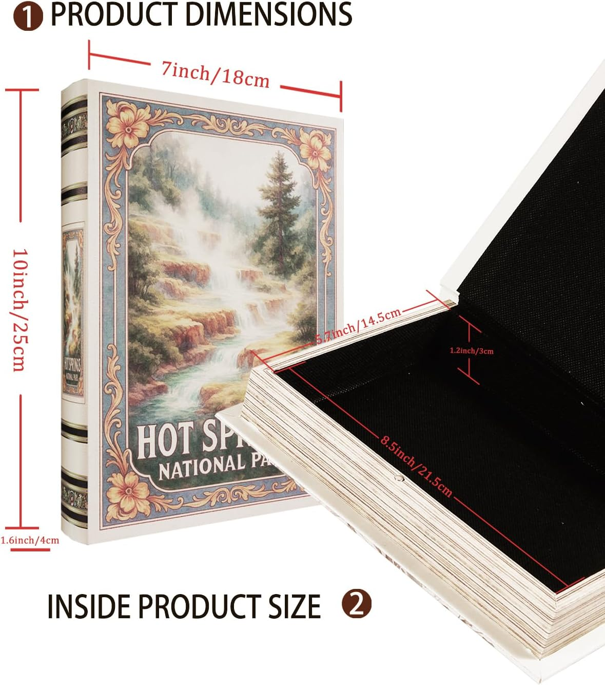 Decorative Wooden Book Box - Vintage Faux Book Boxes with National Park Design, Secret Storage with Magnetic Closure, Leather Cover, Perfect for Home Office Bookshelf (1 X Hot Springs)