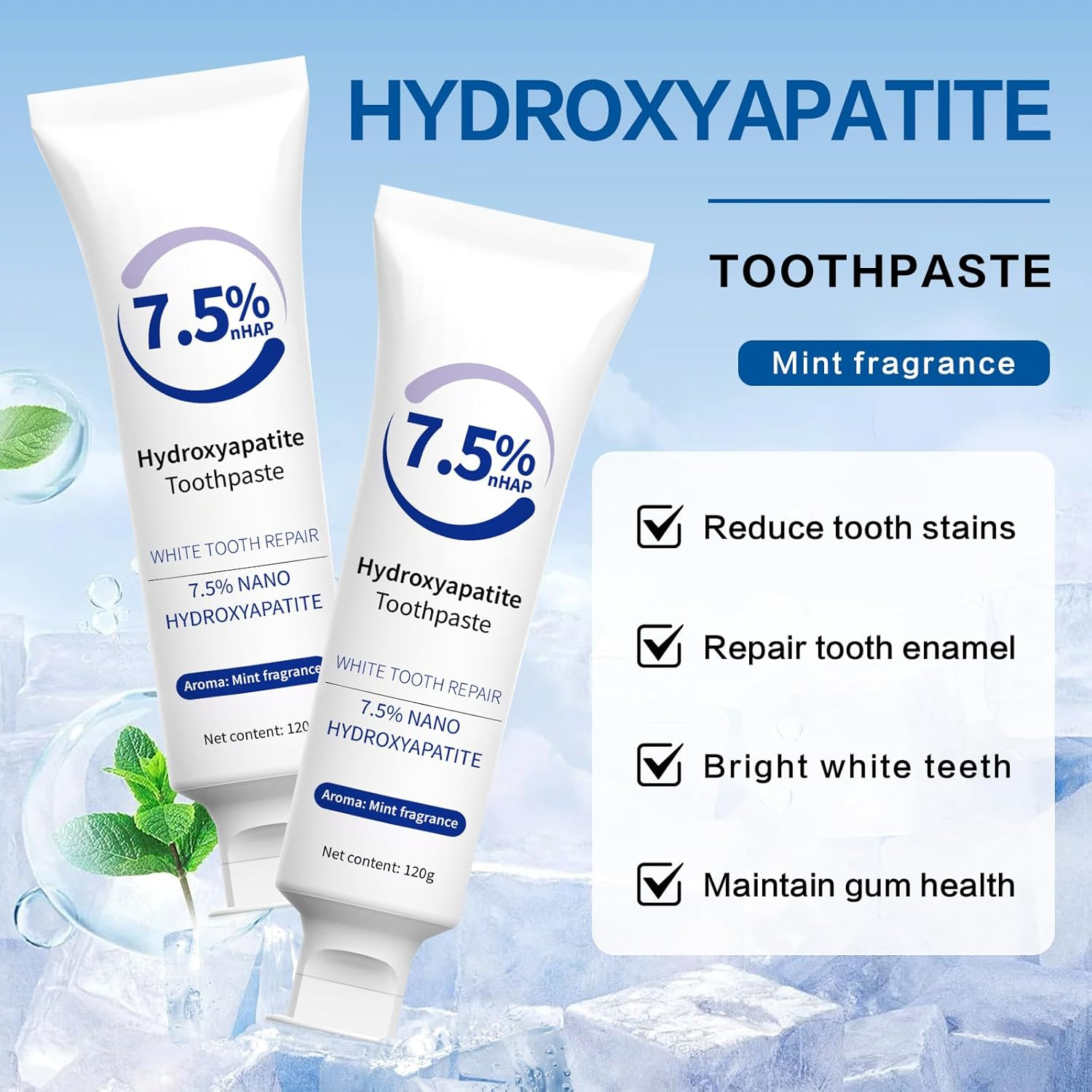 7.5% Hydroxyapatite Toothpaste, Nano Hydroxyapatite Toothpaste for Gentle Teeth Whitening, Breath Freshening, Teeth Repairing, Oral Health Care image number 3