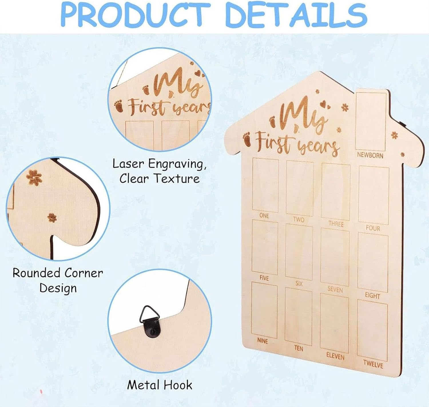 Oshhni Baby First Year Picture Frame Baby Childhood Keepsake Board Hanging Wooden Picture Board for Home Walls Reception Mantelpiece image number 1