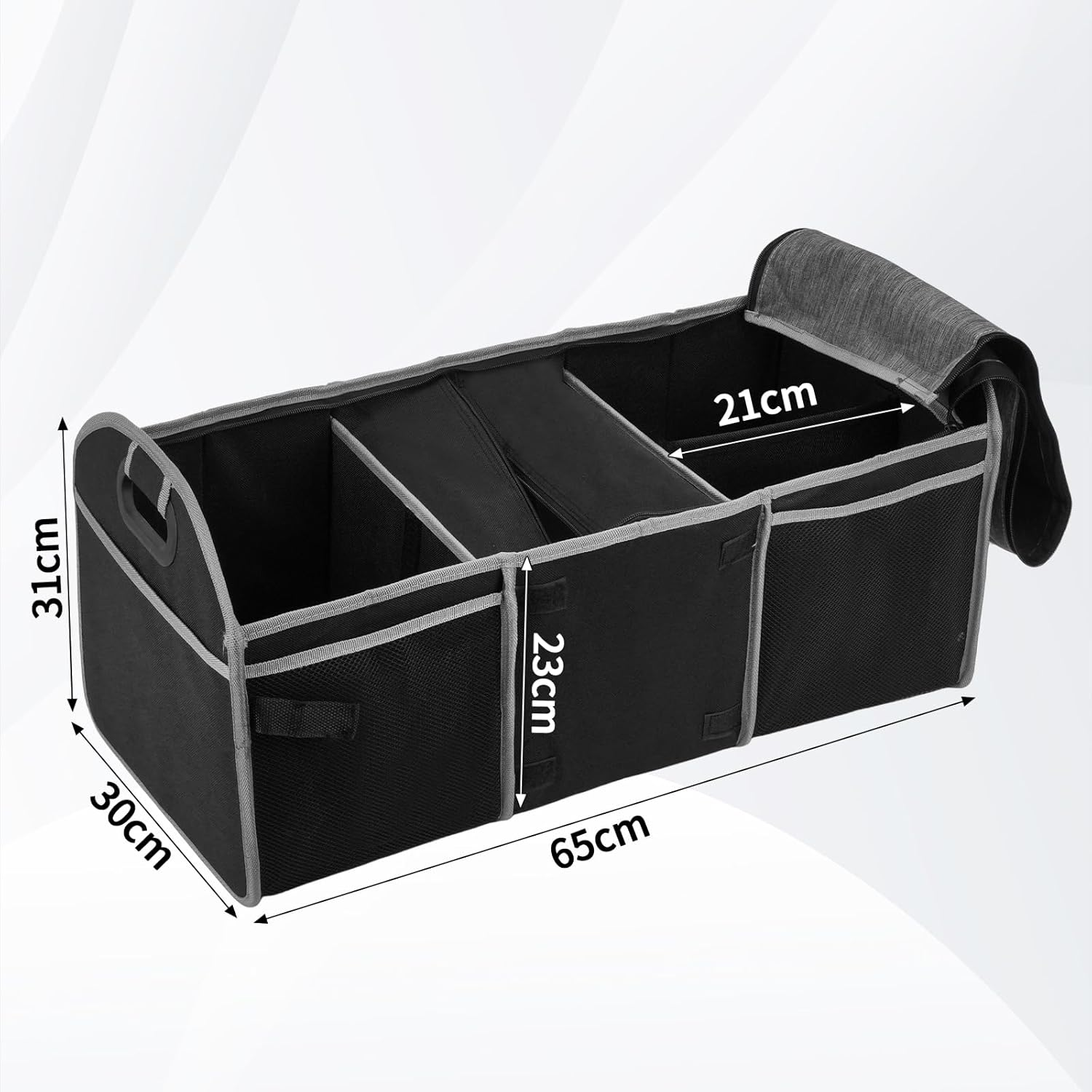 Car Boot Organiser with Lid, Collapsible Cargo Trunk Storage with Build-In Insulated Cooler Bag, 600D Oxford Polyester Suv/Sedan Organizer Car Accessories for Women Men (3 Compartments, Black) image number 4