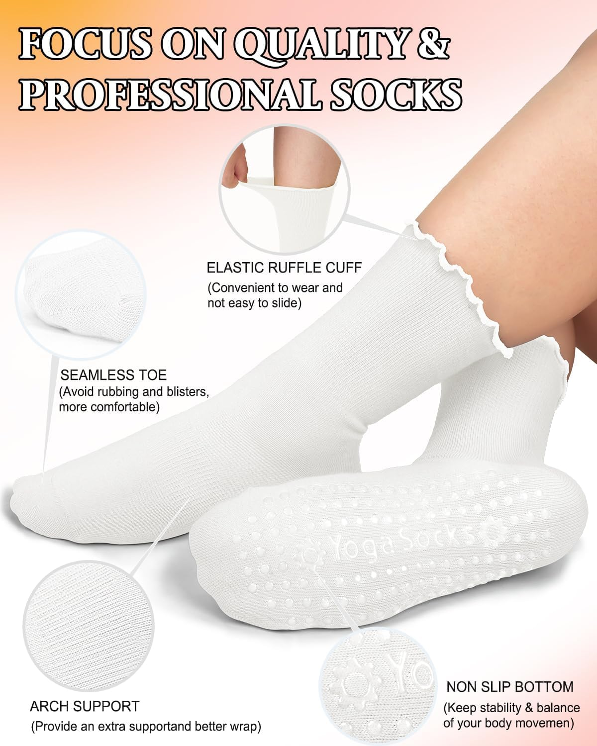ZANZER Pilates Women'S Yoga Socks with Non-Slip Grip, Ruffle Swivel Cuff & Crew Design - Anti-Skid Workout Socks - White*4 image number 3