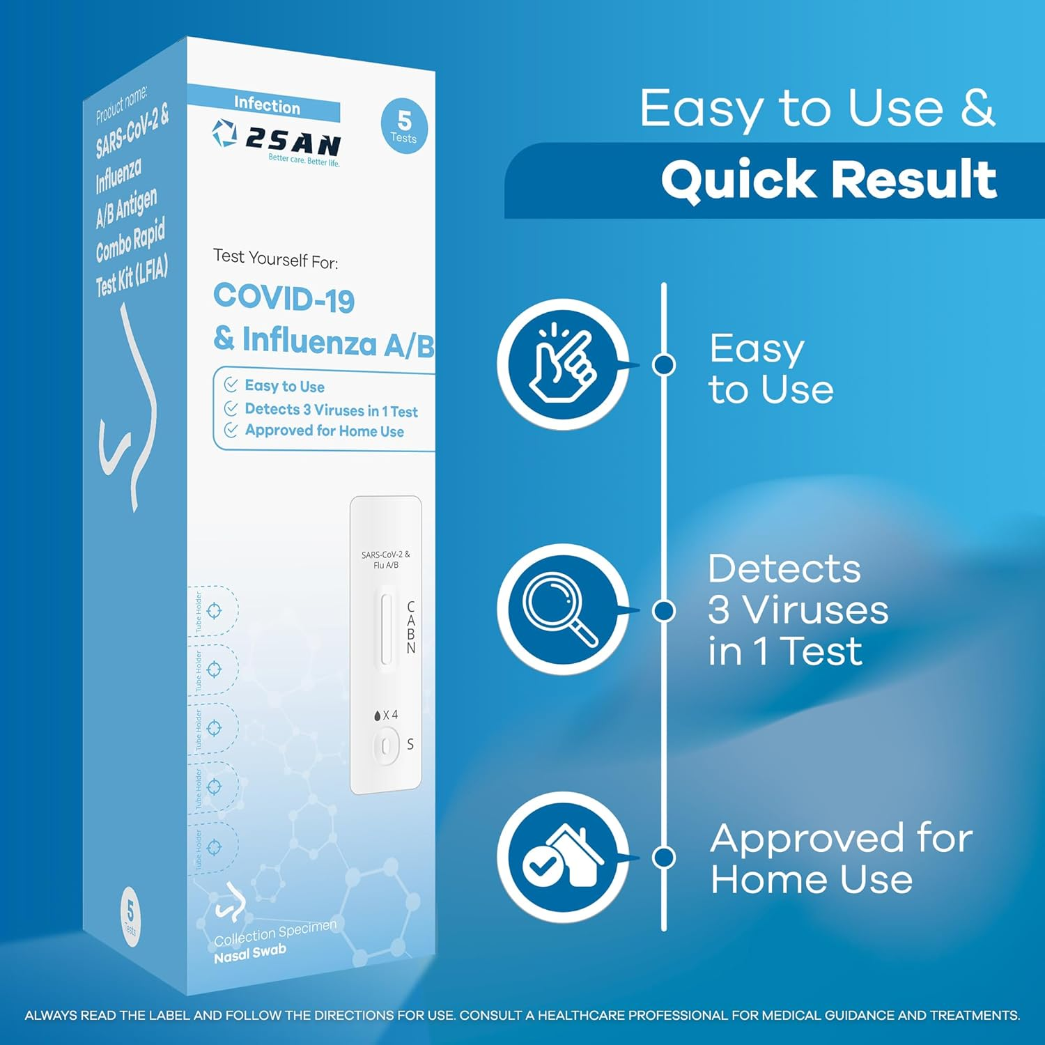 2San COVID-19 & Flu A/B Rapid Test, 15-Min Results, 5-Pack &ndash; Easy At-Home Antigen Test with Accurate Nasal Swab Detection for Reliable Self-Testing image number 4