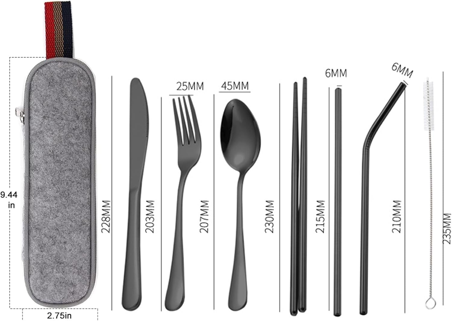 MKUCCD Travel Utensils with Case, Portable Travel Utensils Cutlery Set Stainless Steel Flatware Set for Camping 7Pcs Including Dinner Knife Fork Spoon Chopsticks (Black) image number 3