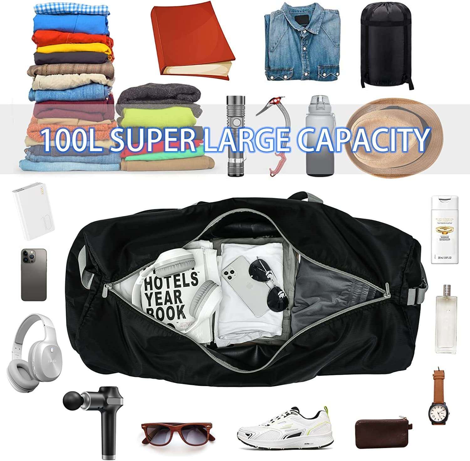 Extra Large Duffel Bag, 32.5 Inch Travel Duffel Bag Lightweight Luggage Bag for Outdoor, Travel, Sport, Black, 100L - Black Pro image number 3