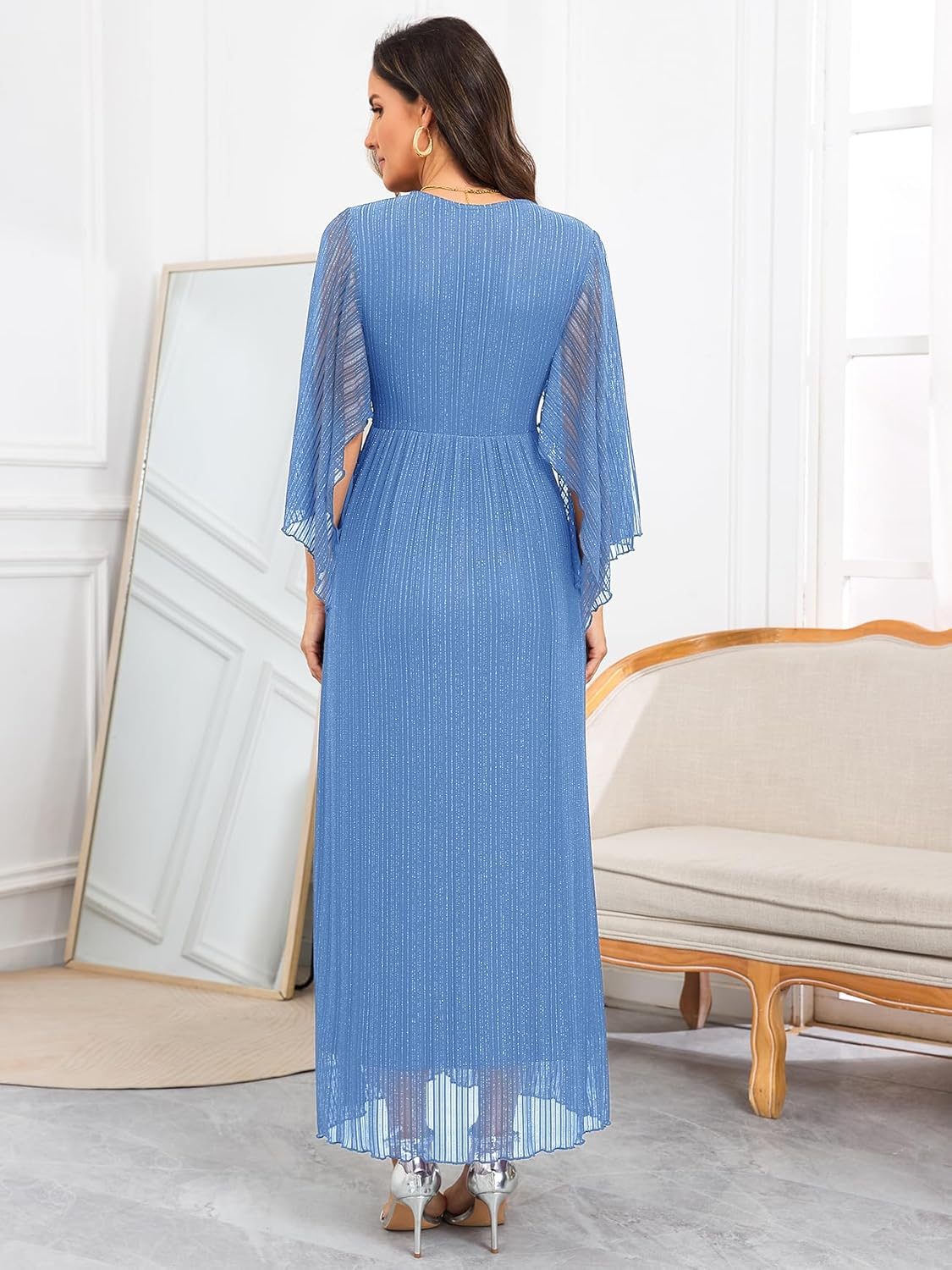 Maternity Sparkly Mesh Maxi Dress Handkerchief Sleeves Wrap V Neck Flowy Pregnancy Dresses Baby Shower Formal