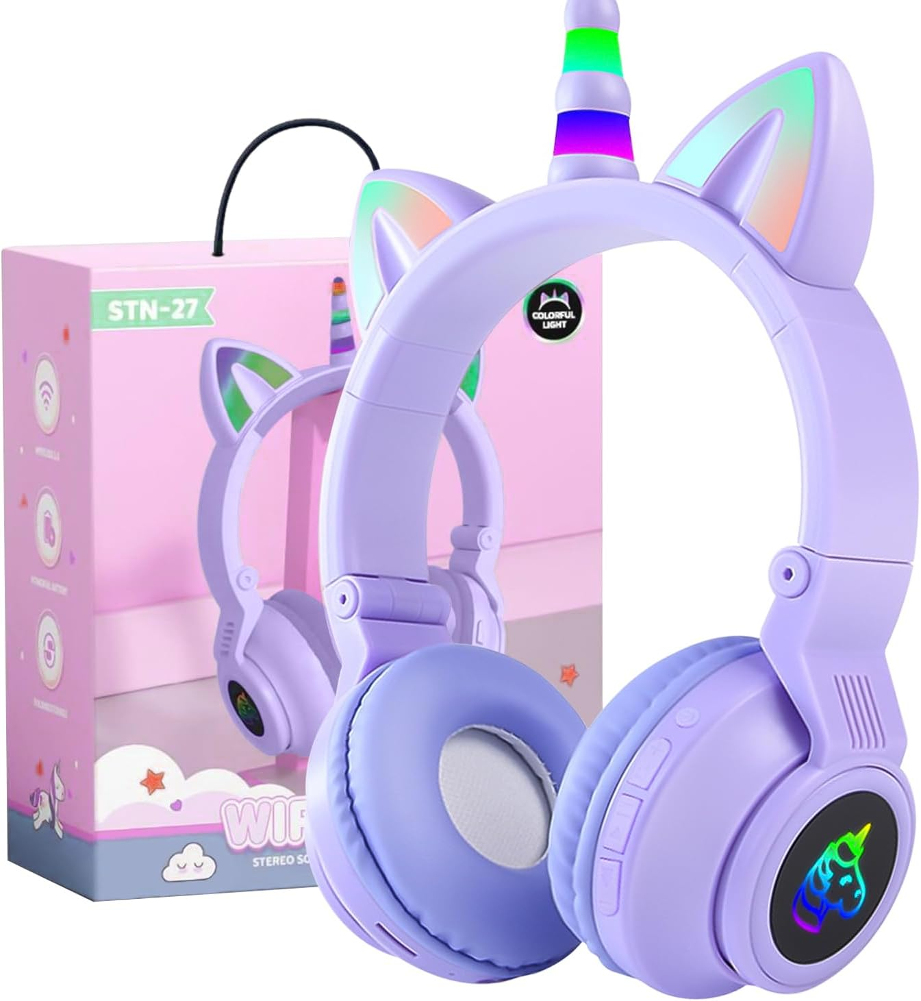 OHAANYY Wireless Headphones for Children, Headphones Bluetooth Unicorn Foldable, Girls with Cable and Microphone Headphones Children with LED Light Stereo Headphones for Mobile Phone/Tablet/Pc (Pink)